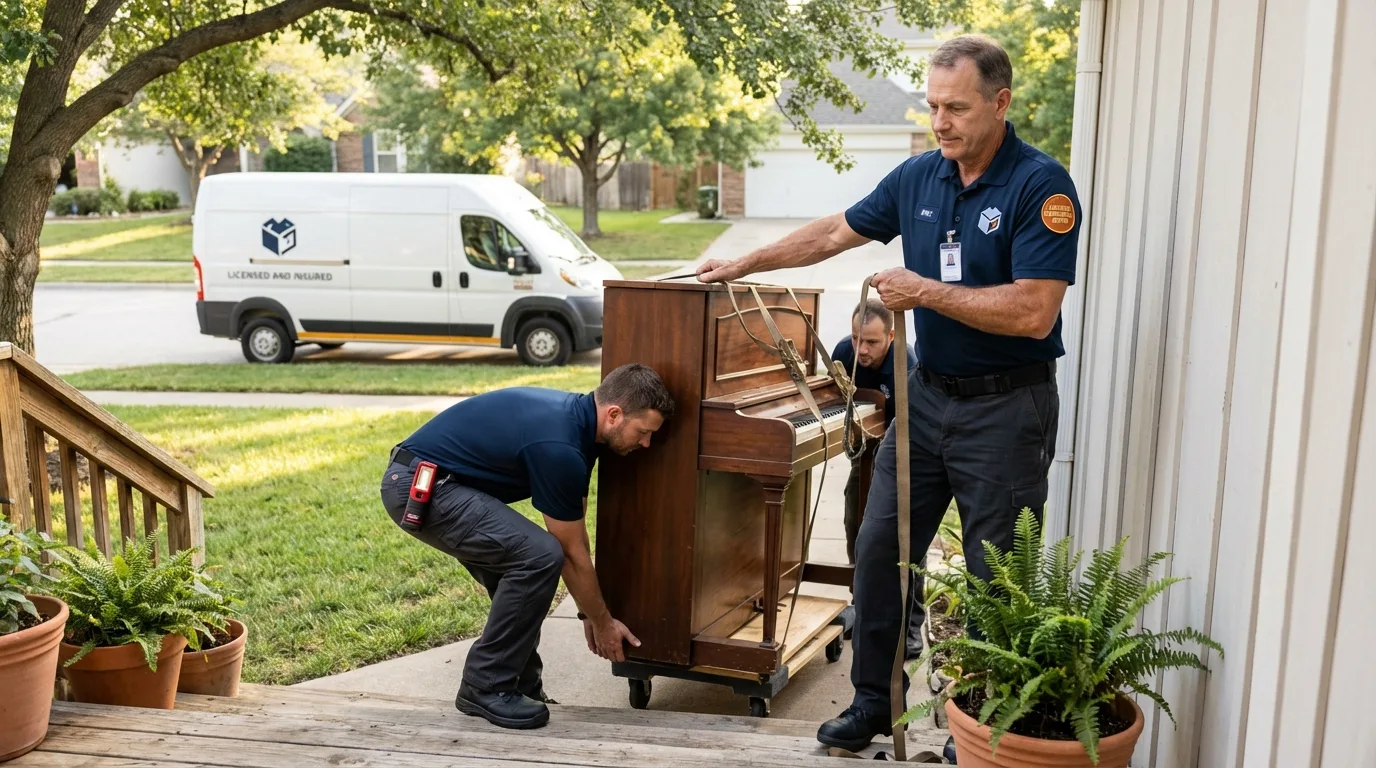 Licensed piano movers securing grand piano in Clay City, KY