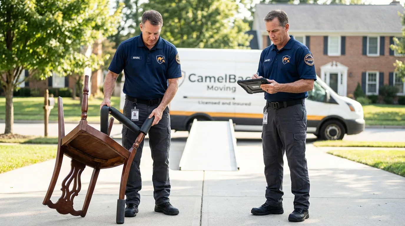 Movers inspecting furniture for damage prevention before loading in Clay City, KY