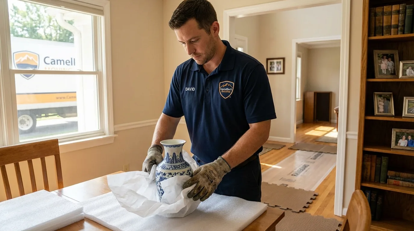 Professional crew carefully wrapping antique vase for senior downsizing move in Clay City, KY